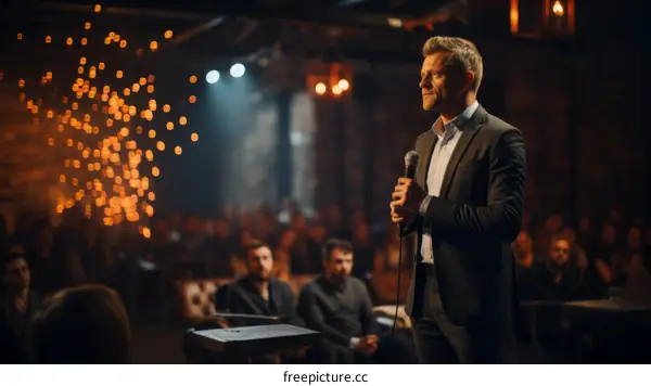 Confident male speaker giving a talk at a conference