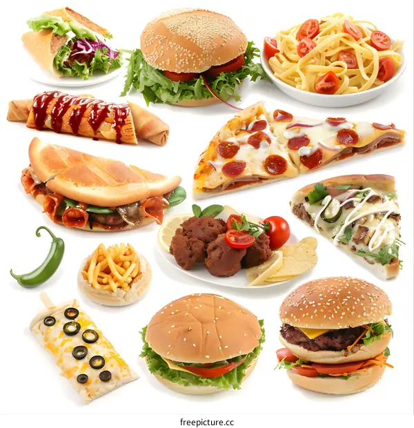 Assortment of Fast Food Items on White Background