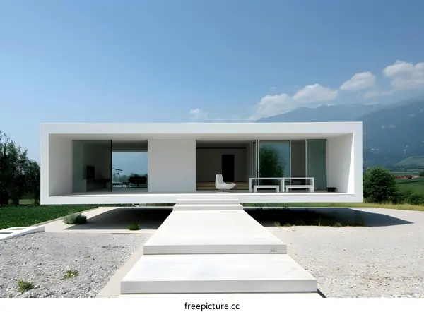 Modern White House with Stone Patio and Steps