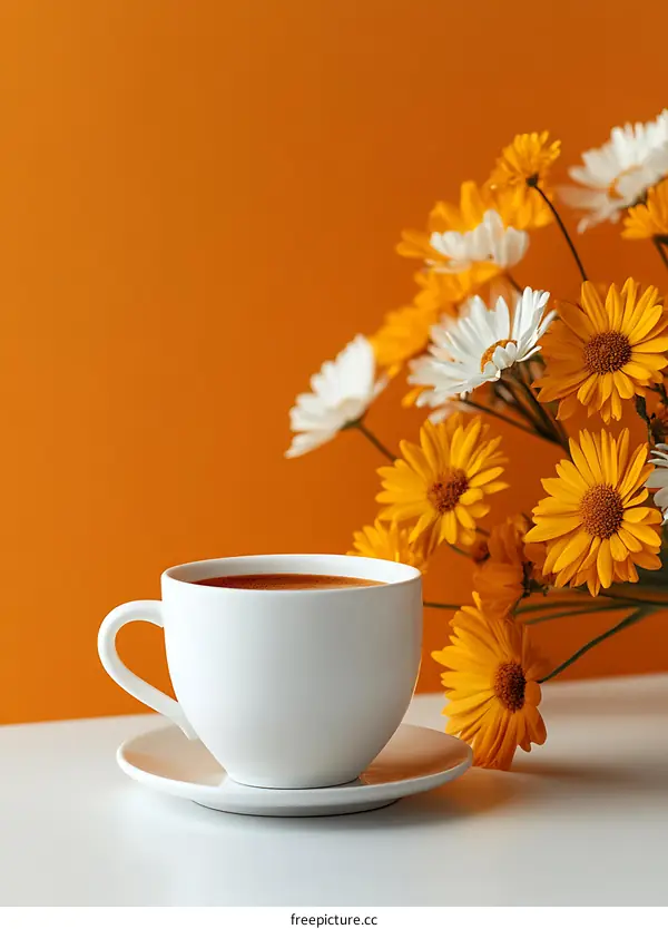 White Coffee Cup with Daisies Against Orange Background