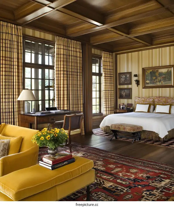 Elegant Bedroom Interior Design With Wooden Ceiling And Plaid Curtains