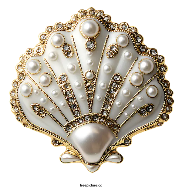 [Transparent Background PNG]Elegant White Shell Brooch with Pearls and Rhinestones