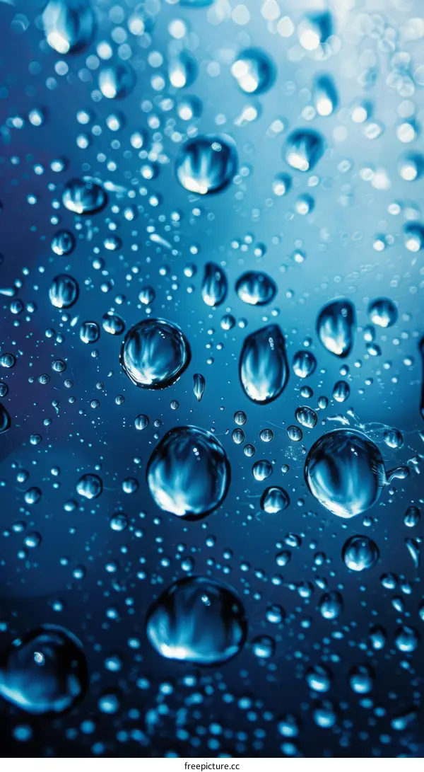 Blue Water Droplets on a Glass Surface with a Blurred Background