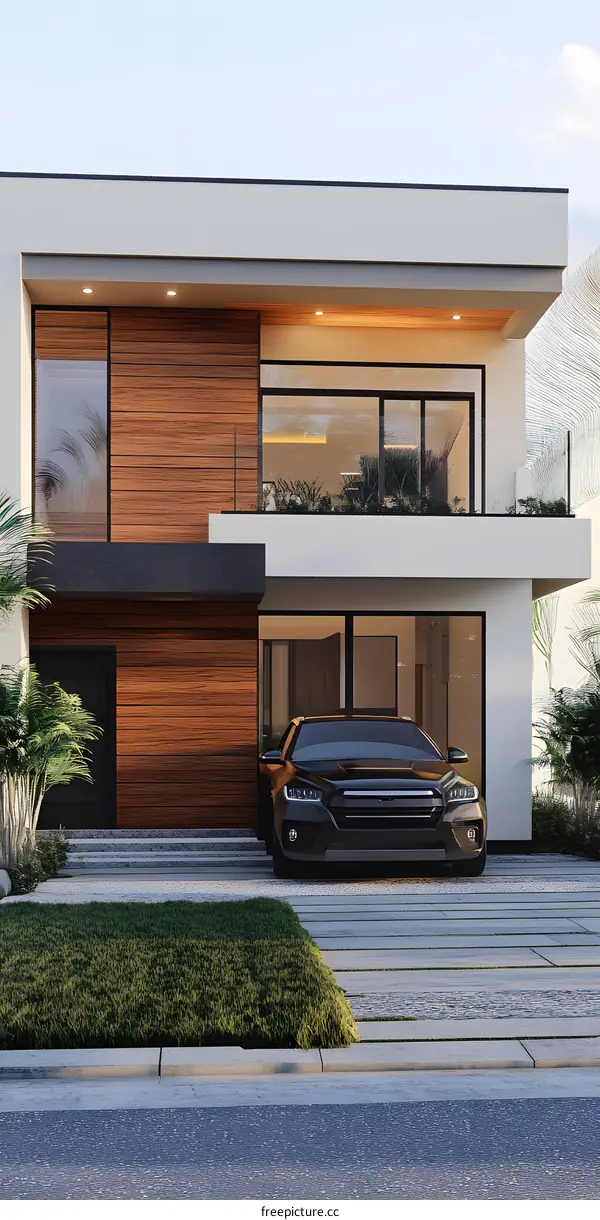 Modern House with Black Car and Green Grass