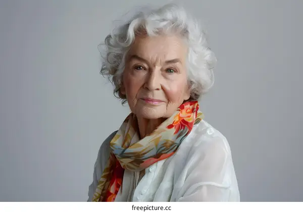 Portrait of a Senior Woman Wearing a Floral Scarf