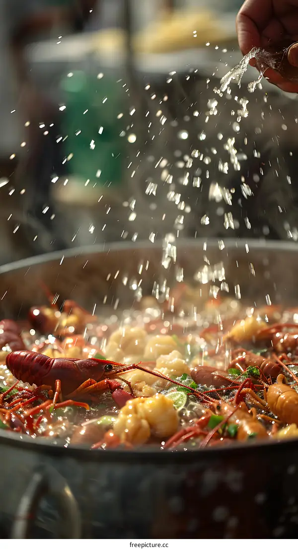 A chef is adding water to a pot of boiling crawfish.