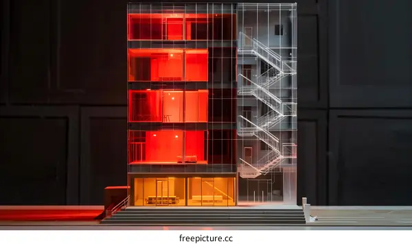 Transparent Building Model With Red Lighting