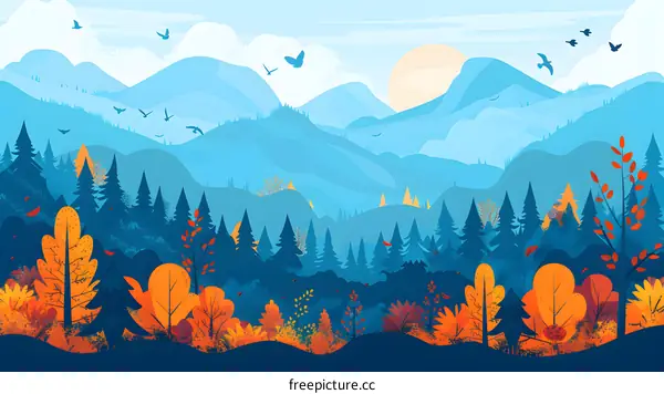 Autumn Forest Landscape With Blue Mountains And Sun