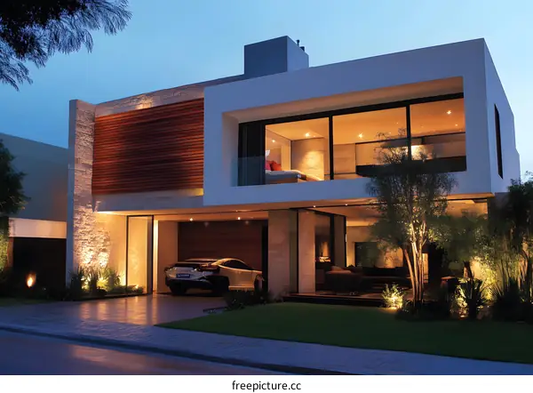 Modern Architecture House With Garage and Exterior Lighting