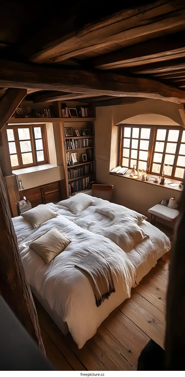 Rustic Bedroom with White Bedding and Exposed Wooden Beams