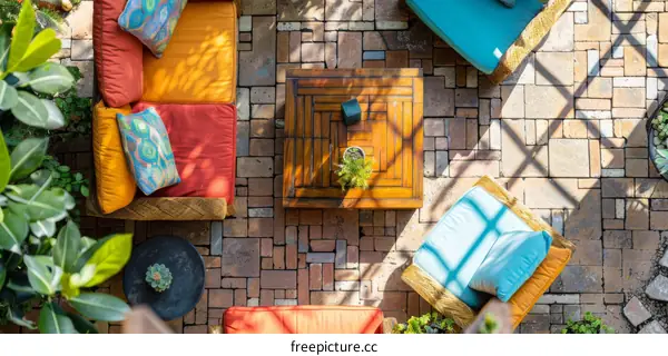 Bright Outdoor Seating Area with Vibrant Furniture