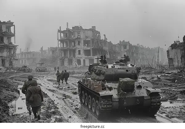 American soldiers advance through the ruins of Aachen, Germany, during World War II