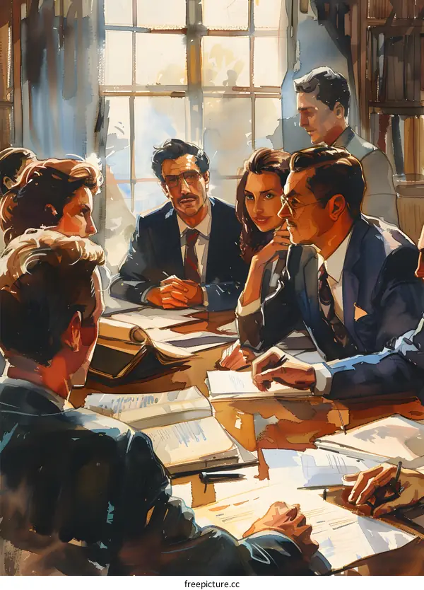 Lawyers and judges discussing a case in a law firm