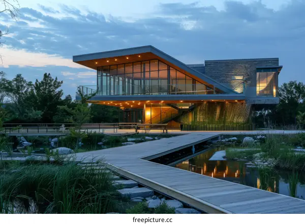 Nature Center with Boardwalk and Green Roof by the Lake