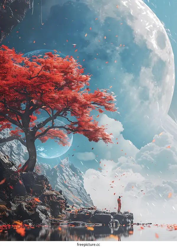 Red Tree With Falling Leaves in Fantasy Landscape
