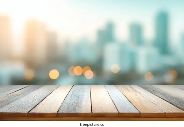 Wooden Tabletop with Blurred City Background