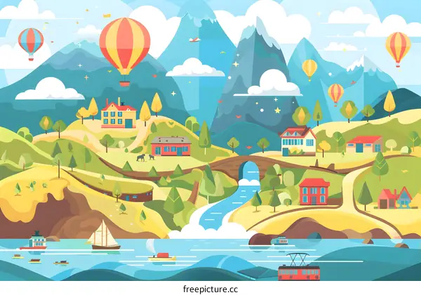 Beautiful Colorful Landscape Illustration with Mountains, Houses, and Hot Air Balloons