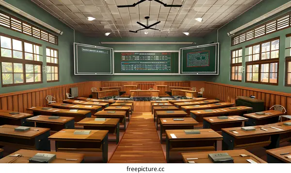 Empty Classroom with Desks and Blackboards