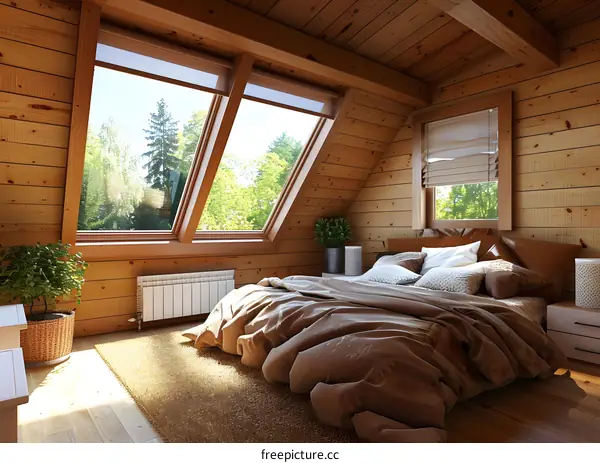 Cozy Wooden Bedroom Interior Design With Large Windows