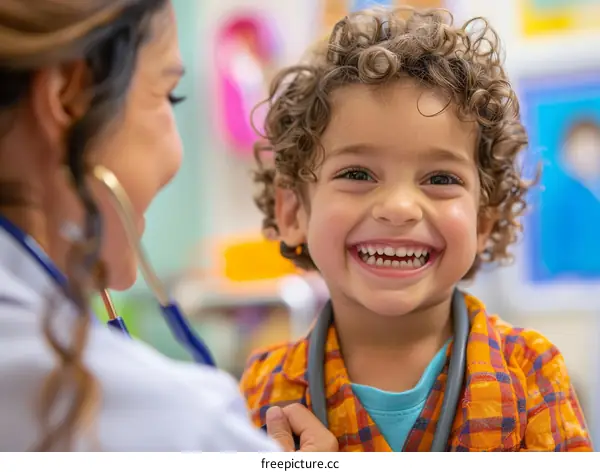 Toddler smiling while getting a checkup from a doctor