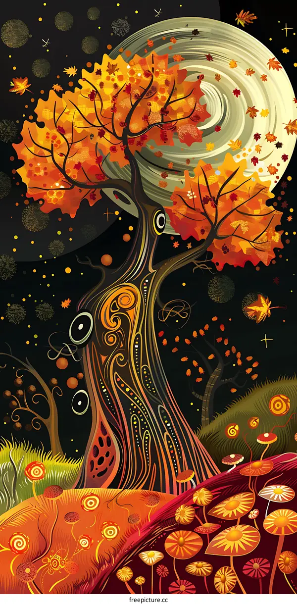 Autumn Tree and Falling Leaves Illustration