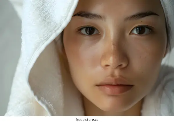 Close-up portrait of a young Asian woman with freckles and a white towel on her head