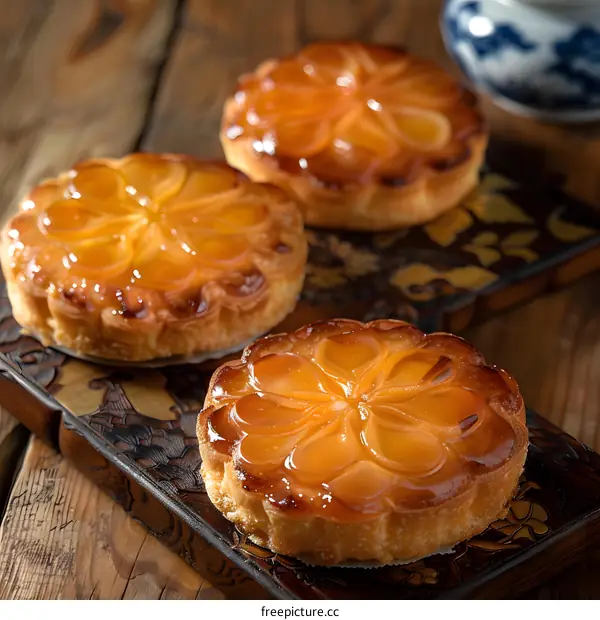 Closeup of Three Peach Tarts on Wooden Table