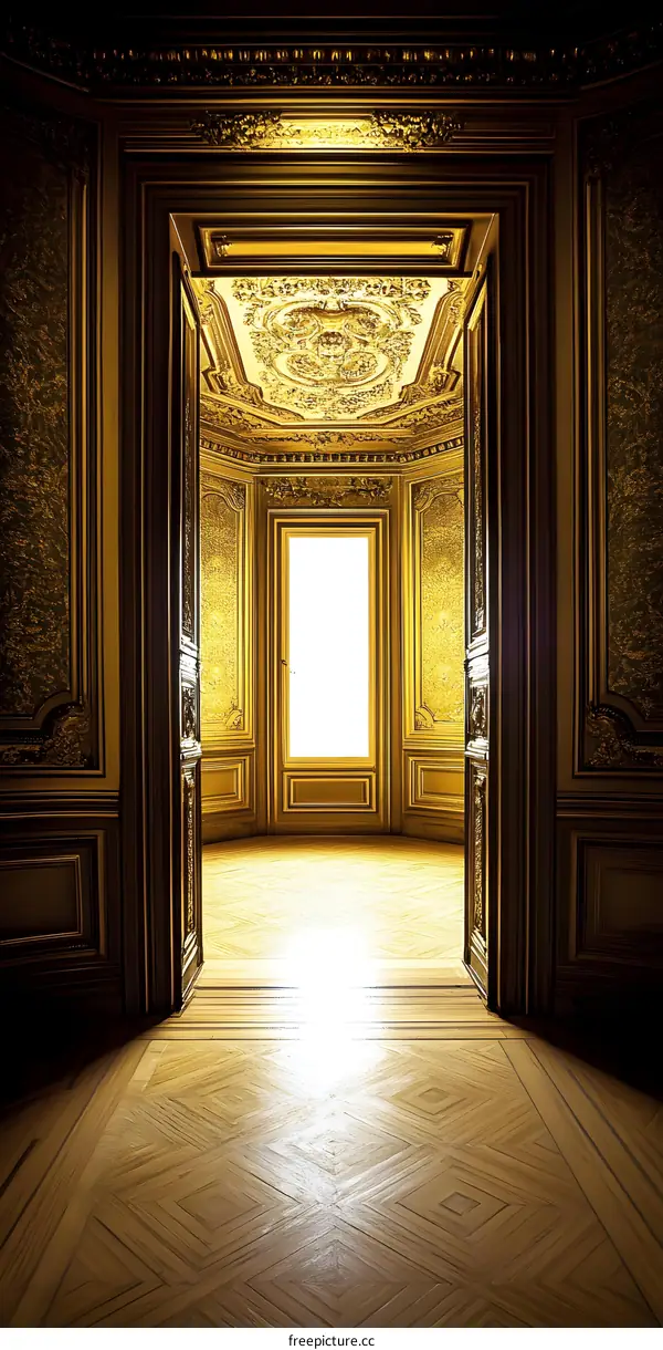 Golden Room with Ornate Details and Open Doorway