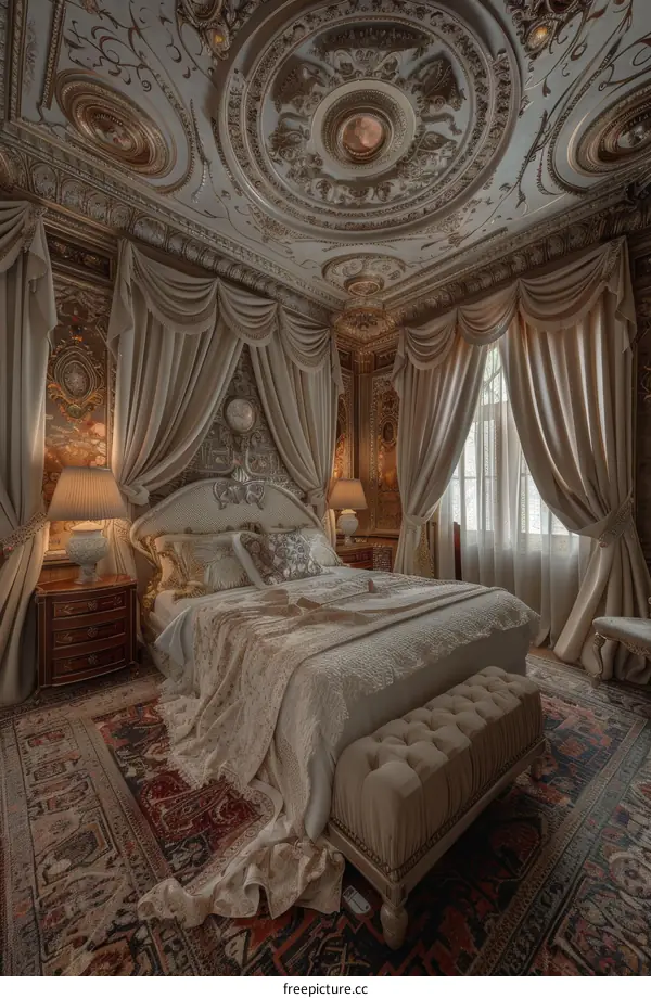 Elegant Bedroom with Ornate Ceiling