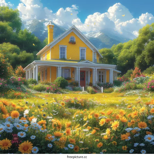 A Yellow House in a Field of Flowers