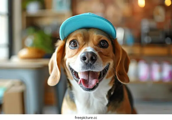 A happy beagle dog wearing a blue hat