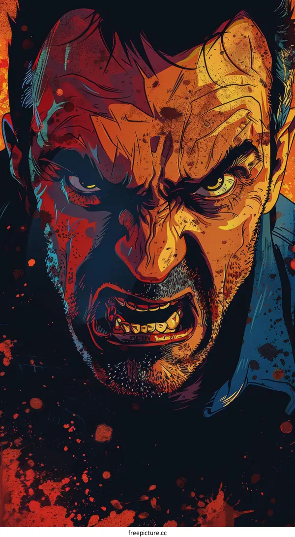 Illustration of a man with a beard and a scowl on his face