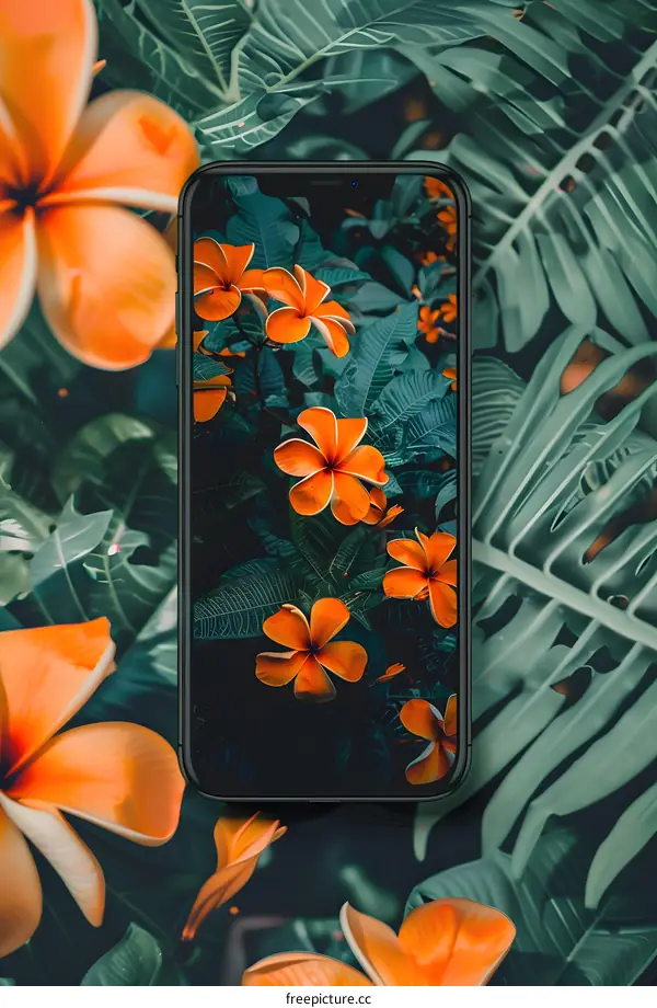 Smartphone Displaying Tropical Flowers