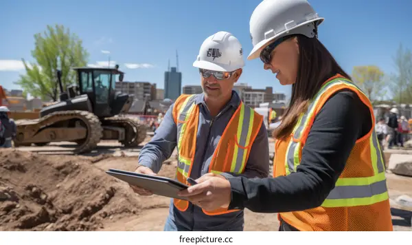 Construction workers in hard hats looking at a tablet