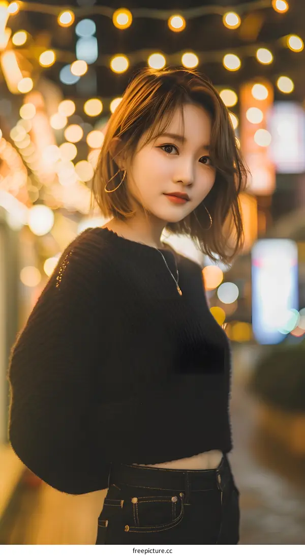 Portrait of a Young Asian Woman with Short Hair in a City at Night