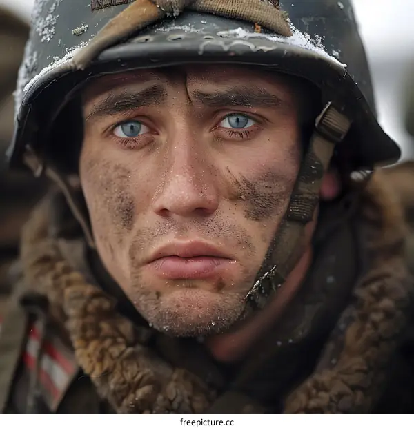 Close-up portrait of a young soldier with blue eyes and a dirty face wearing a military helmet