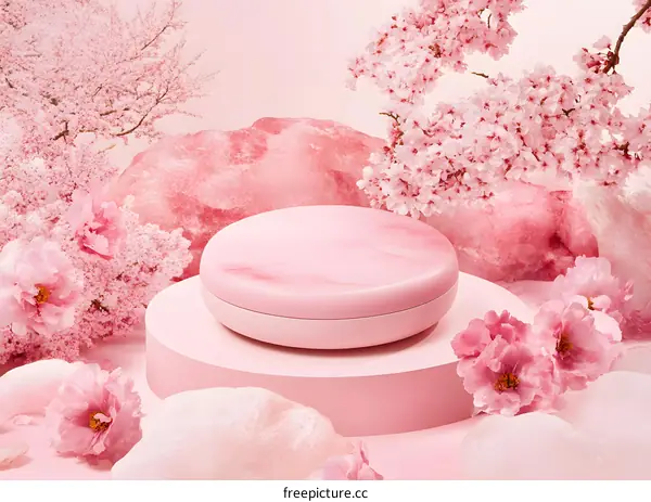 Pink Marble Product Display with Cherry Blossoms