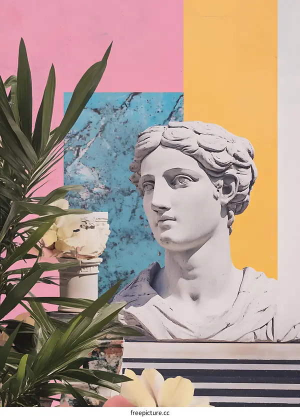 White Marble Statue Against a Multicolored Background