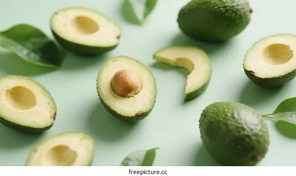 Fresh Avocados with Halved Slices on Light Green Background