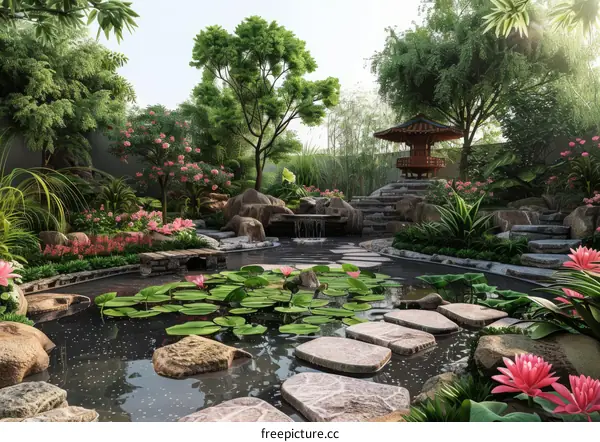 Zen Garden with Tranquil Pond and Pavilion