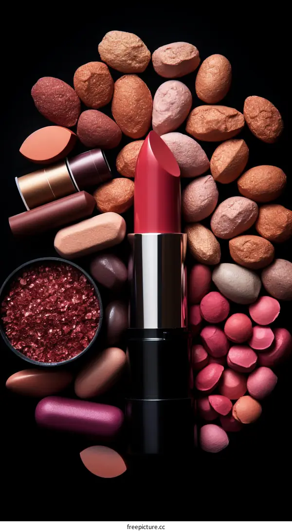 Various shades of makeup products arranged around a red lipstick