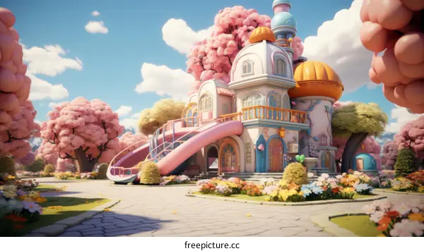 A pink and blue house with a slide in a park with cherry blossom trees