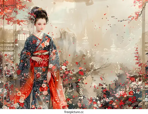 Japanese Woman in a Floral Kimono Standing in a Garden