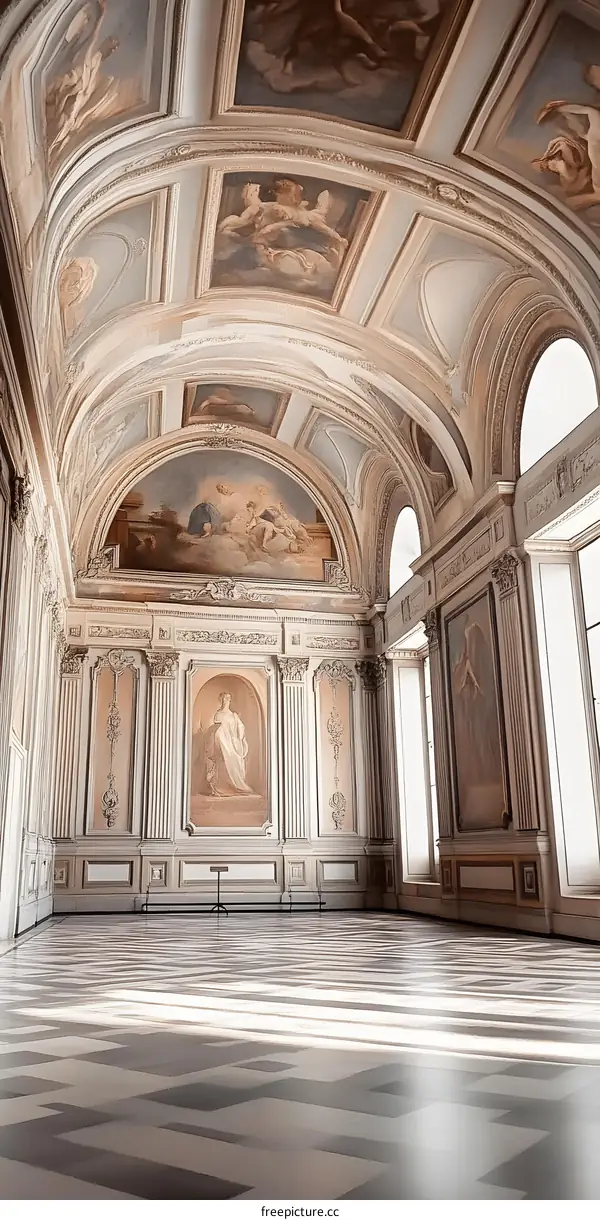 Interior of a Grand Palace with Arched Ceiling and Paintings