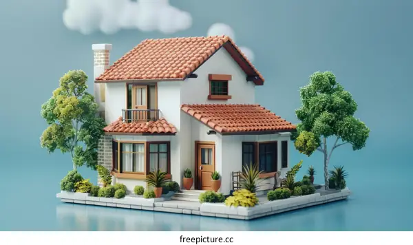 3D rendering of a small house with a garden