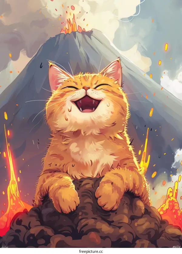 Cat in front of a volcano