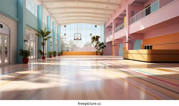 An empty gymnasium with pink and blue walls and a basketball hoop