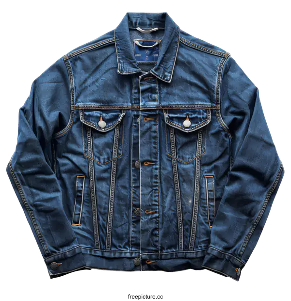 [Transparent Background PNG]Blue denim jacket with white stitching and copper buttons