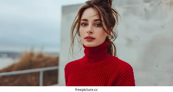 Portrait of a Young Woman in a Red Turtleneck Sweater