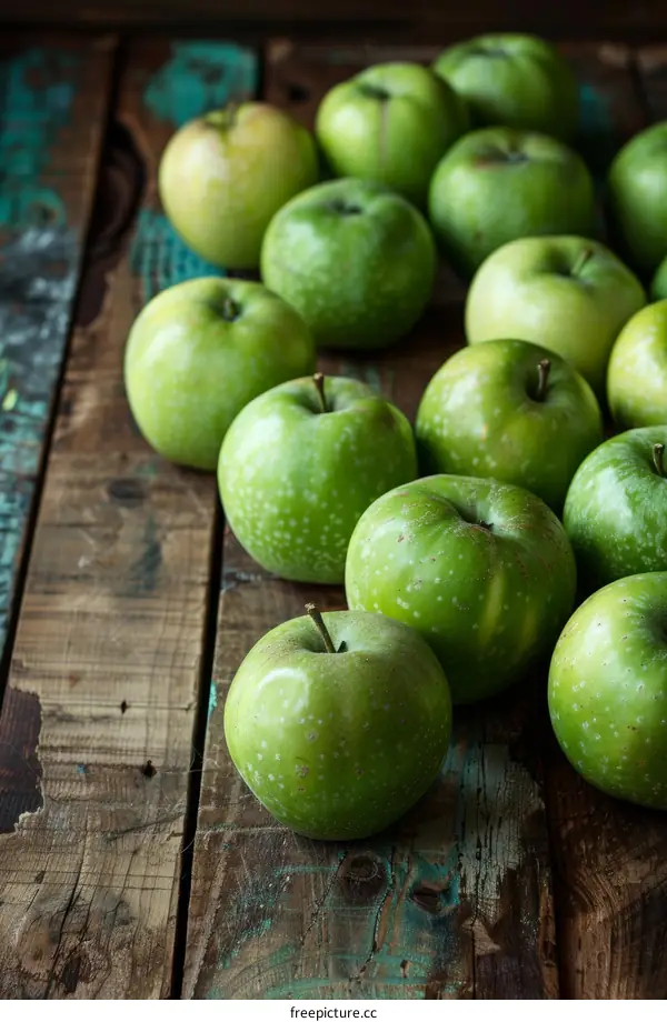 A wooden table with a pile of green apples